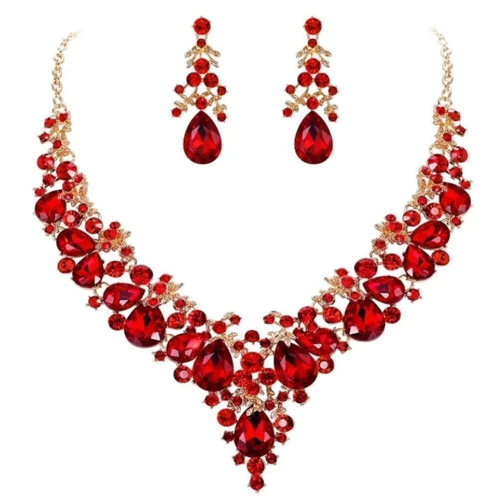 Yellow Gold with Ruby Red Austrian Crystal Floral Necklace and Earrings Set